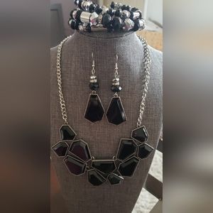 Paparazzi Jewelry Set of 4 Pieces Fashion Fix Black  Necklace Earrings Bracelet